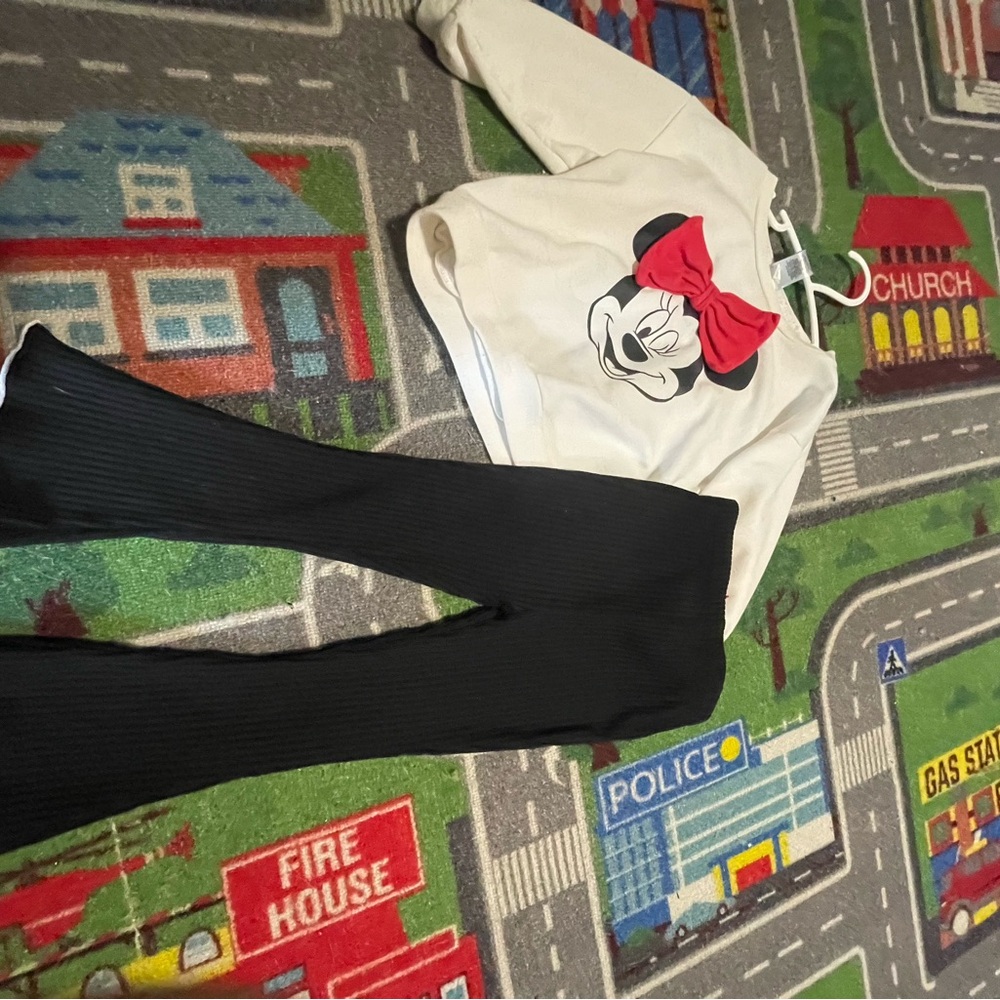Minnie Mouse Sweatshirt with Red Bow and Black Ribbed Bell Bottom Leggings